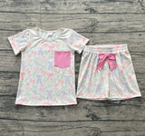 Short sleeves bows pink pocket top shorts girls outfits
