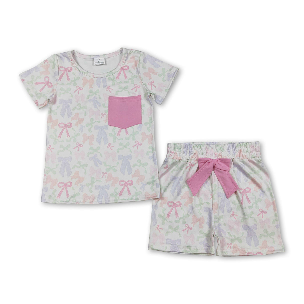 Short sleeves bows pink pocket top shorts girls outfits