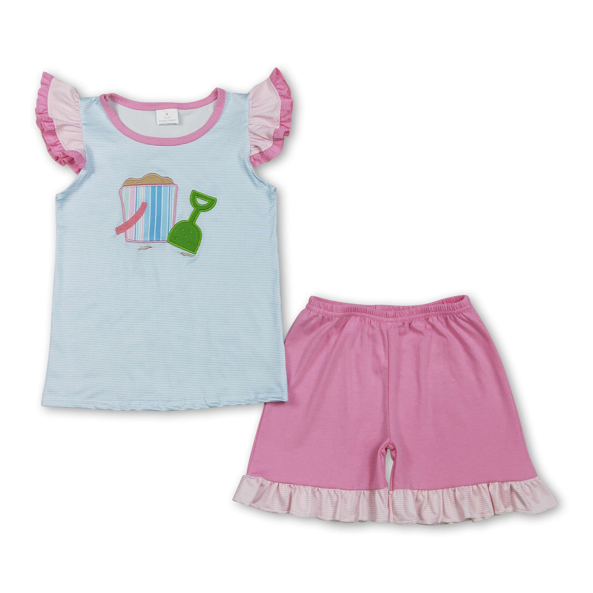 Flutter sleeves sand embroidery top ruffle shorts girls outfits