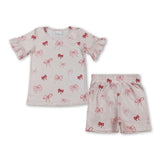 Ruffle short sleeves bow top shorts kids girls outfits