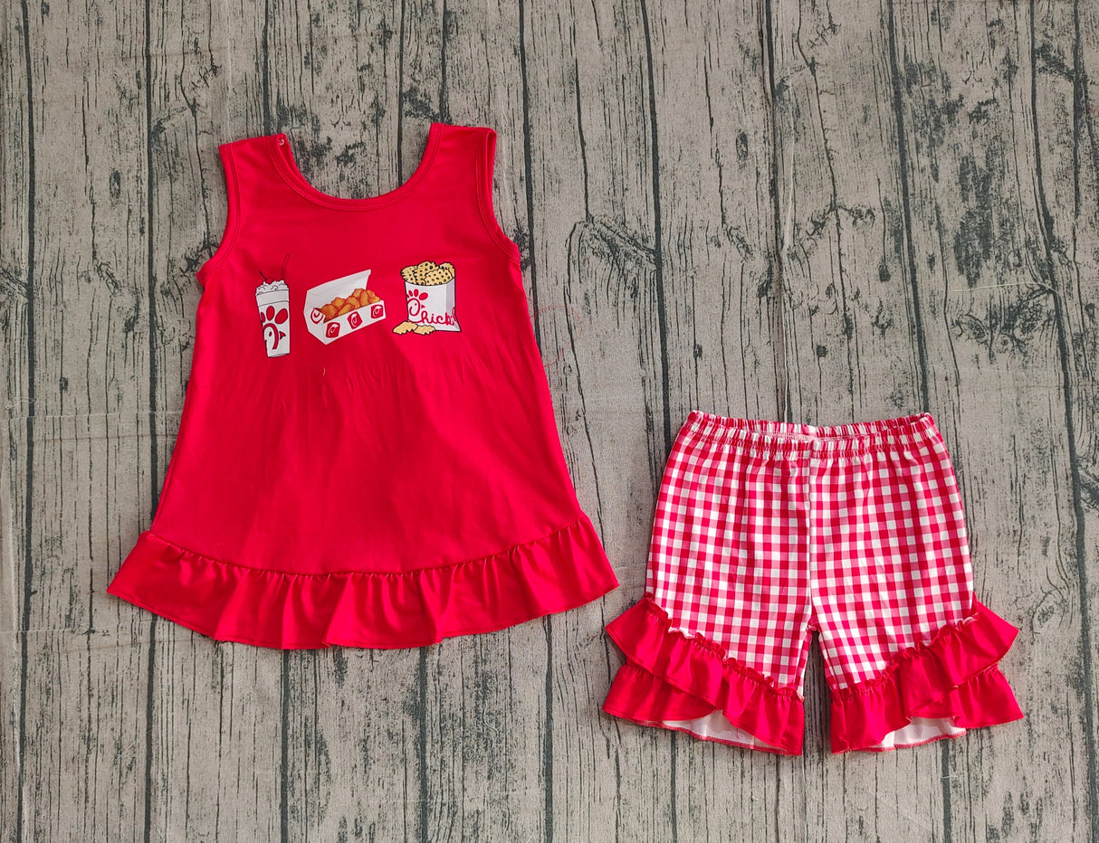 Red chicken fries top plaid shorts kids girls summer outfits
