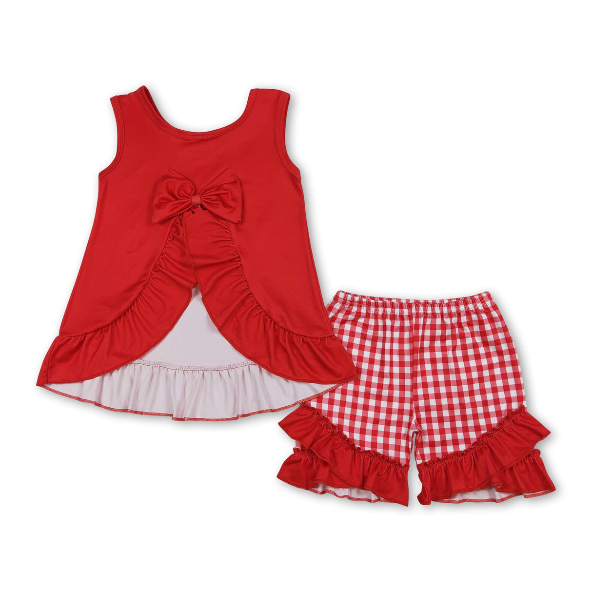Red chicken fries top plaid shorts kids girls summer outfits