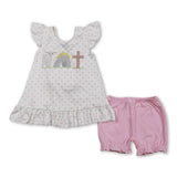 Polka dots cross tunic pink ruffle shorts girls outfits