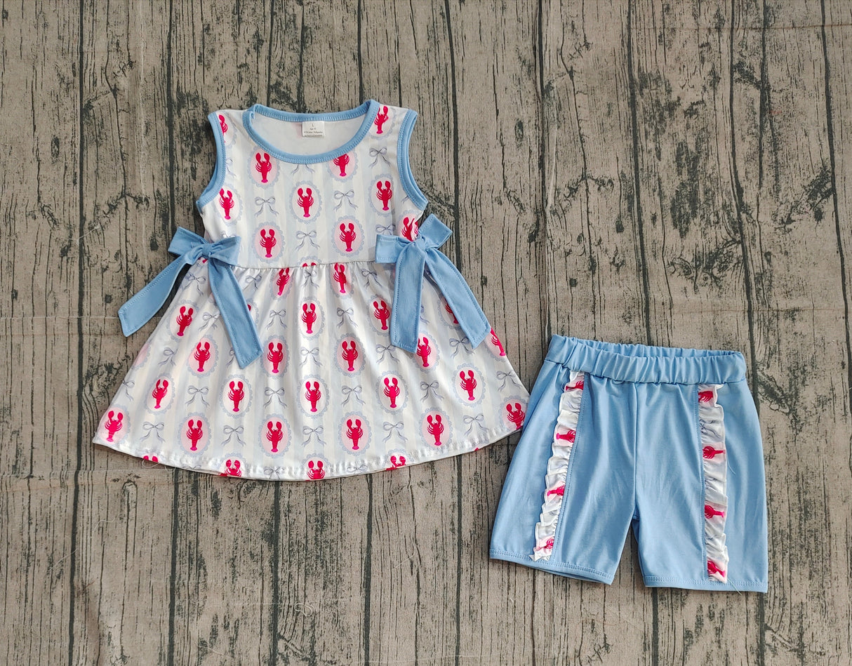 Sleeveless crawfish light blue bow kids girls summer outfits