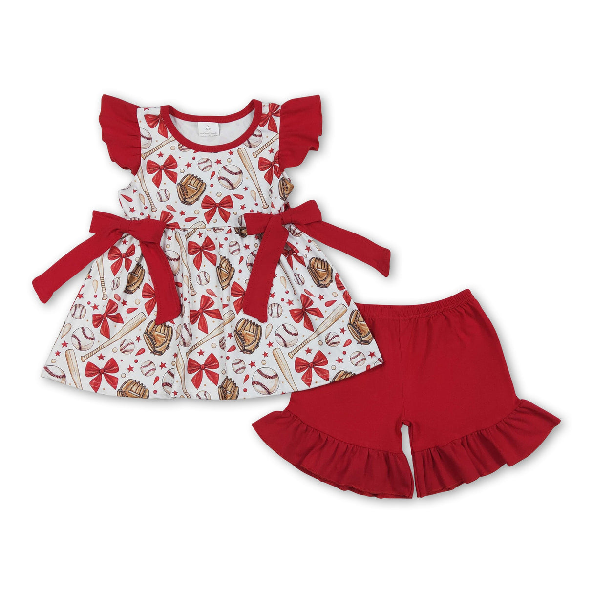 Flutter sleeves red bow baseball kids girls clothing set