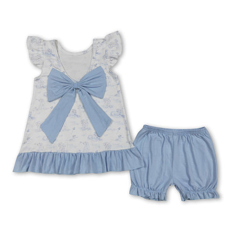 Flutter sleeves light blue dog ruffle bow top shorts girls outfits