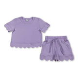 Short sleeves lavender scallop top shorts girls summer outfit