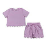 Short sleeves cotton scallop top shorts girls summer outfit
