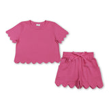 Short sleeves hot pink scallop top shorts girls summer outfit