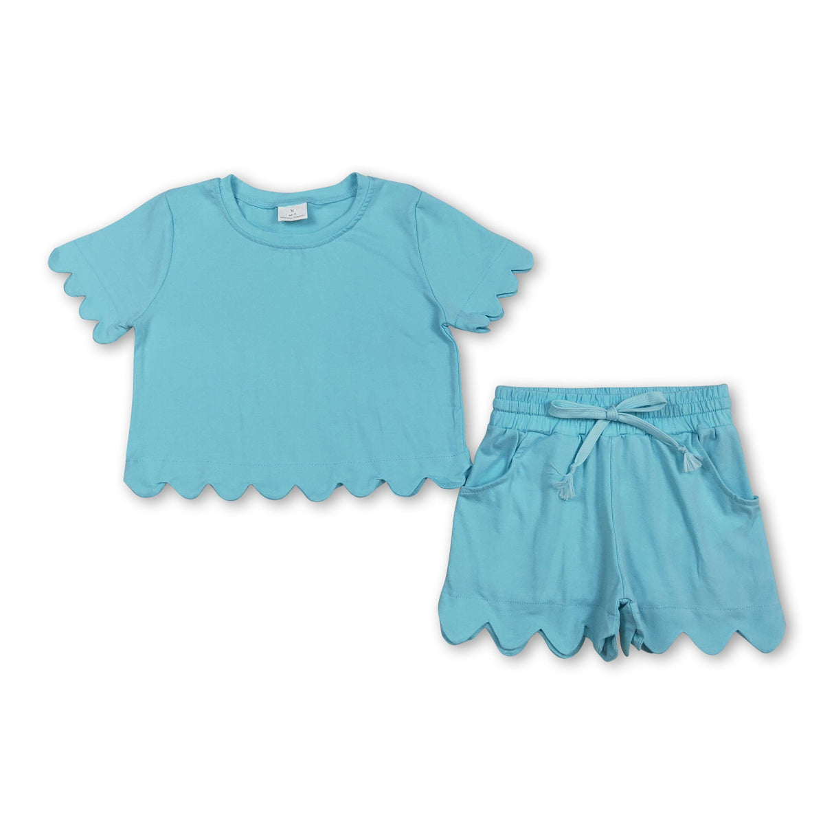 Short sleeves aqua scallop top shorts girls summer outfit