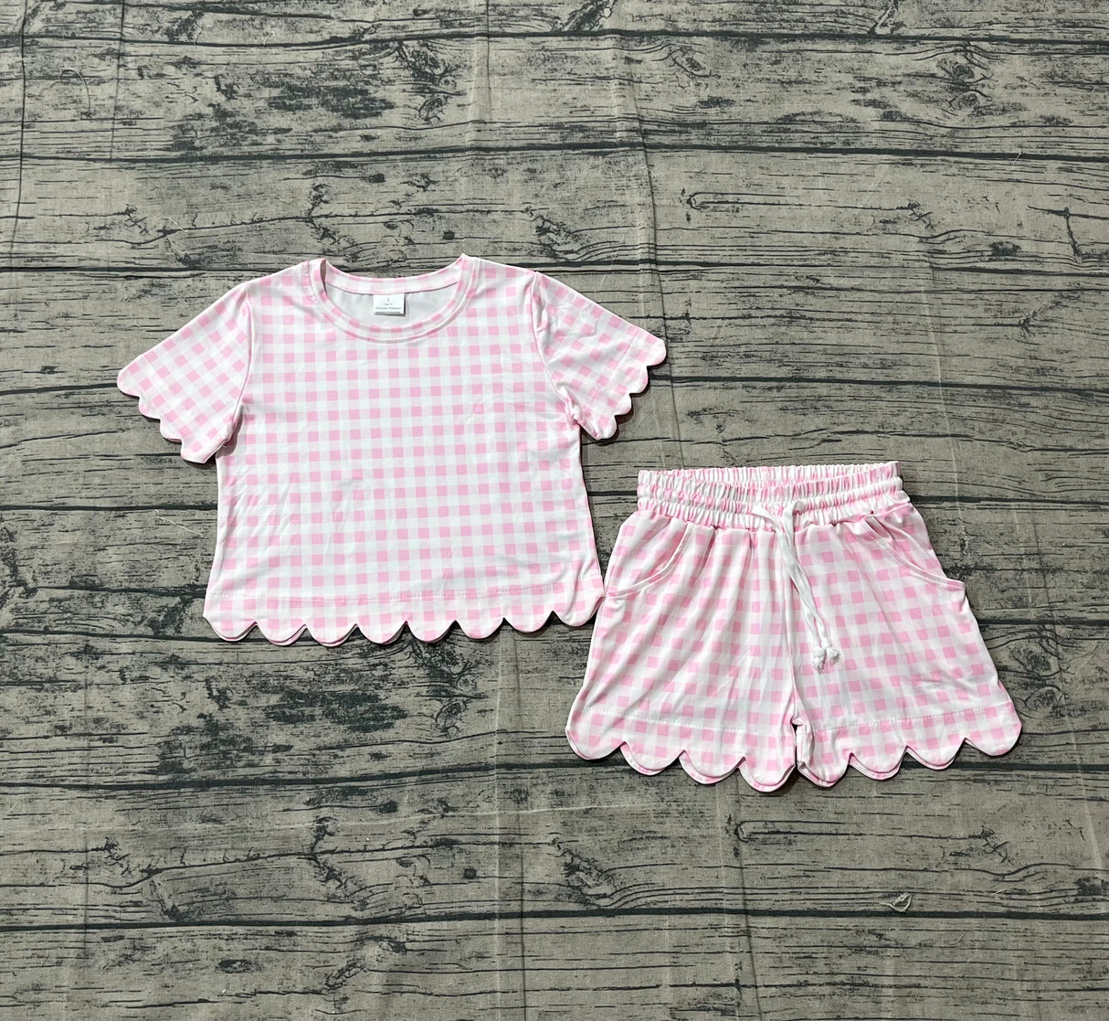 Pink plaid scallop top shorts girls summer outfit