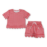 Red plaid scallop top shorts girls summer outfit