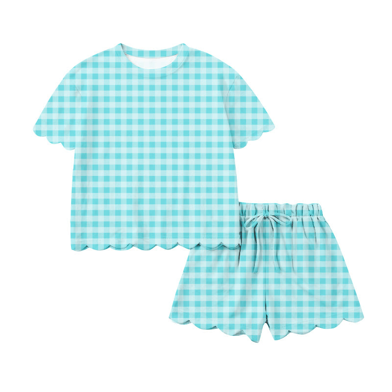 Aqua plaid scallop top shorts girls summer outfit