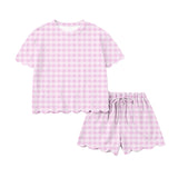 Pink plaid scallop top shorts adult women summer outfits