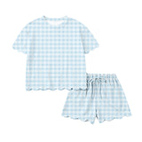 Light blue plaid scallop top shorts women summer outfits