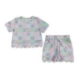 Short sleeves floral plaid scallop kids girls summer outfits