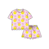 Pink plaid bow lemon scallop top shorts girls summer outfit