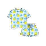 Blue plaid bow lemon scallop top shorts girls summer outfit