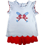 Baseball bow scallop top shorts girls summer outfit