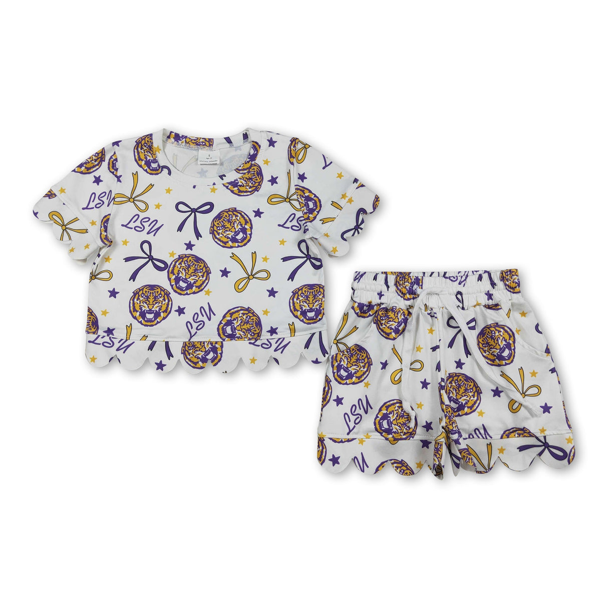 Short sleeves tiger bow scallop girls team outfits