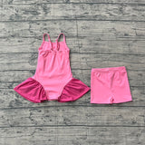 Straps pink patchwork athletic dress shorts girls active set