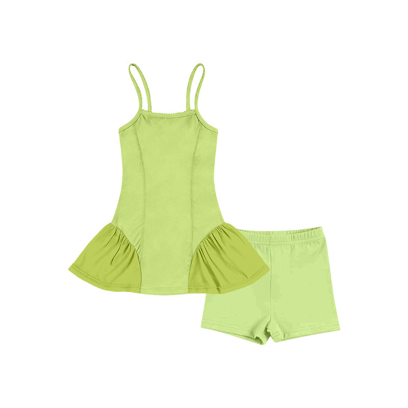 Straps green patchwork athletic dress shorts girls active set