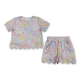 Short sleeves pink bow floral scallop kids girls summer outfits