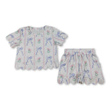 Short sleeves floral bow scallop top shorts girls outfits