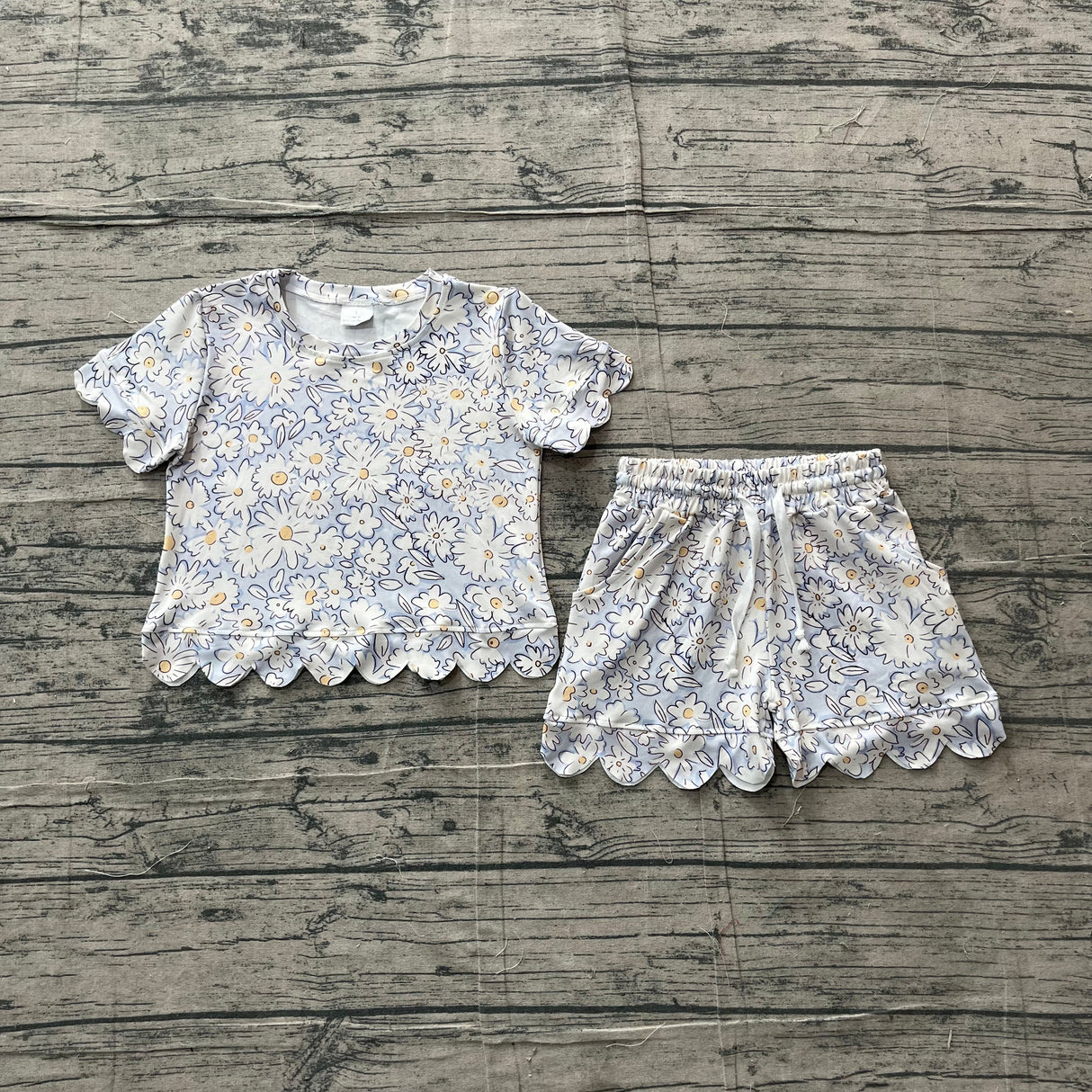 Short sleeves scallop white floral toddler girls summer set