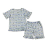 Short sleeves floral bow ruffle top shorts girls outfits
