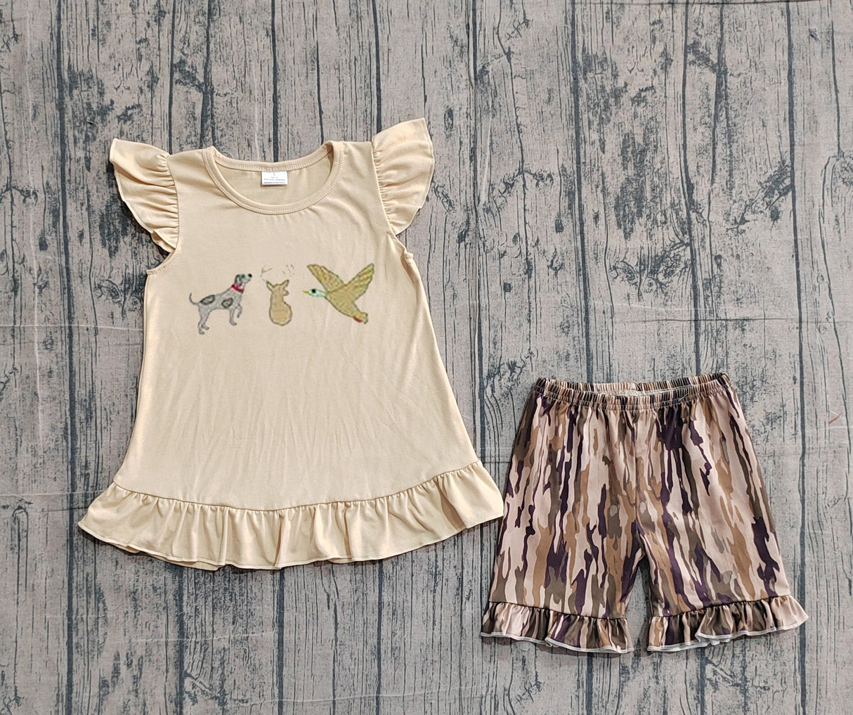 Dog deer duck embroidery top camo shorts girls outfits