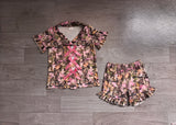 Short sleeves pink bow camo girls button down pajamas set