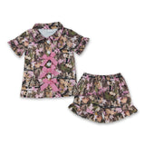 Short sleeves pink bow camo girls button down pajamas set