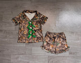 Short sleeves green bow camo girls button down pajamas set