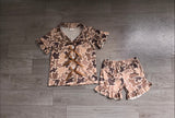 Short sleeves khaki bow camo girls button down pajamas set