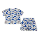 Short sleeves blue bow scallop top shorts girls team outfits
