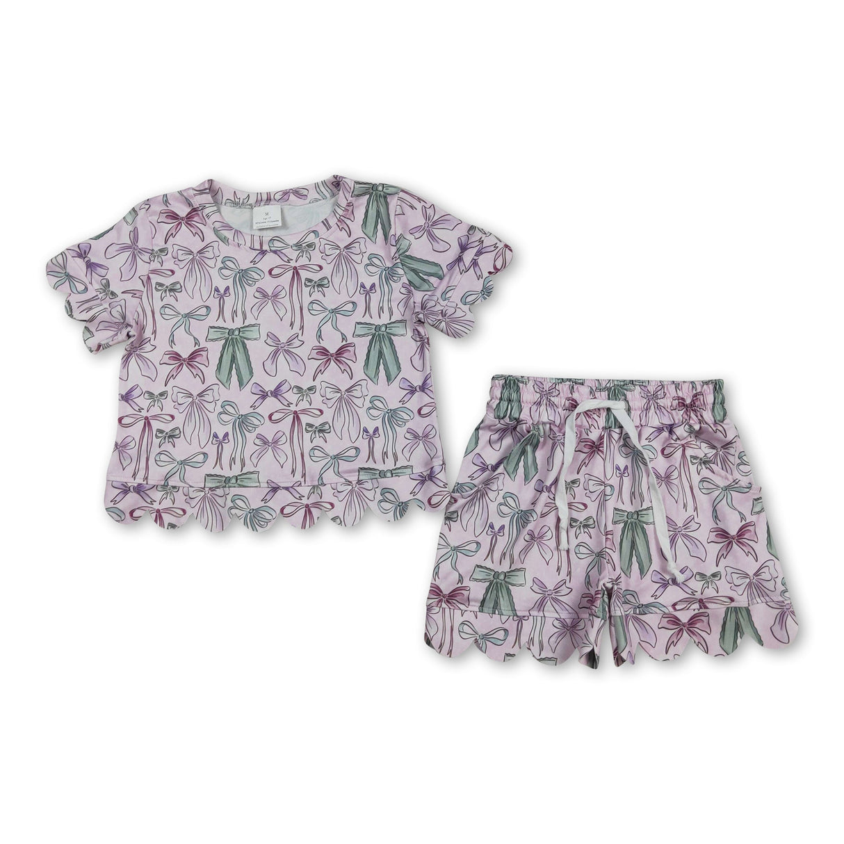 Short sleeves bows scallop top shorts girls summer clothes