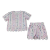 Short sleeves pink bow floral scallop top shorts girls outfits