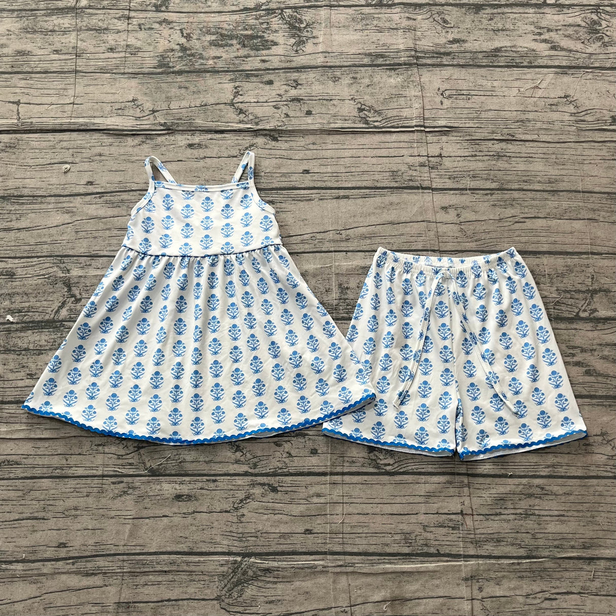 Straps blue floral tunic shorts kids girls summer outfit