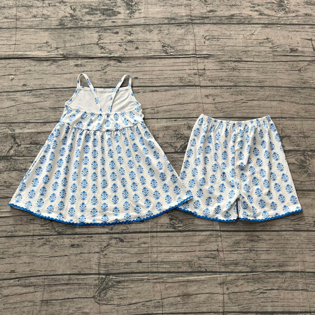 Straps blue floral tunic shorts kids girls summer outfit