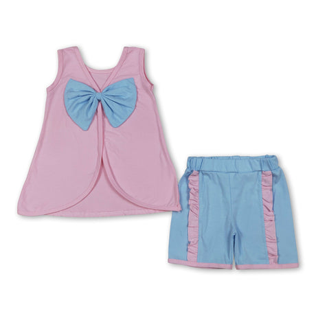 Sleeveless bow pink tunic light blue shorts girls summer outfits