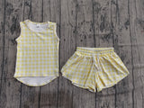 Sleeveless yellow plaid top shorts girls active wear set