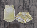 Sleeveless yellow plaid top shorts girls active wear set