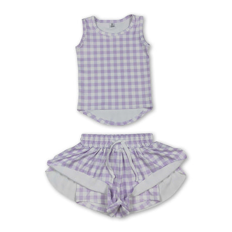 Sleeveless lavender plaid top shorts girls active wear set