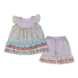 Flutter sleeves floral ruffle tunic plaid shorts girls outfits