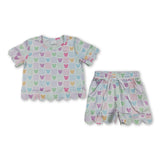 Short sleeves colorful plaid mouse scallop top shorts girls outfits