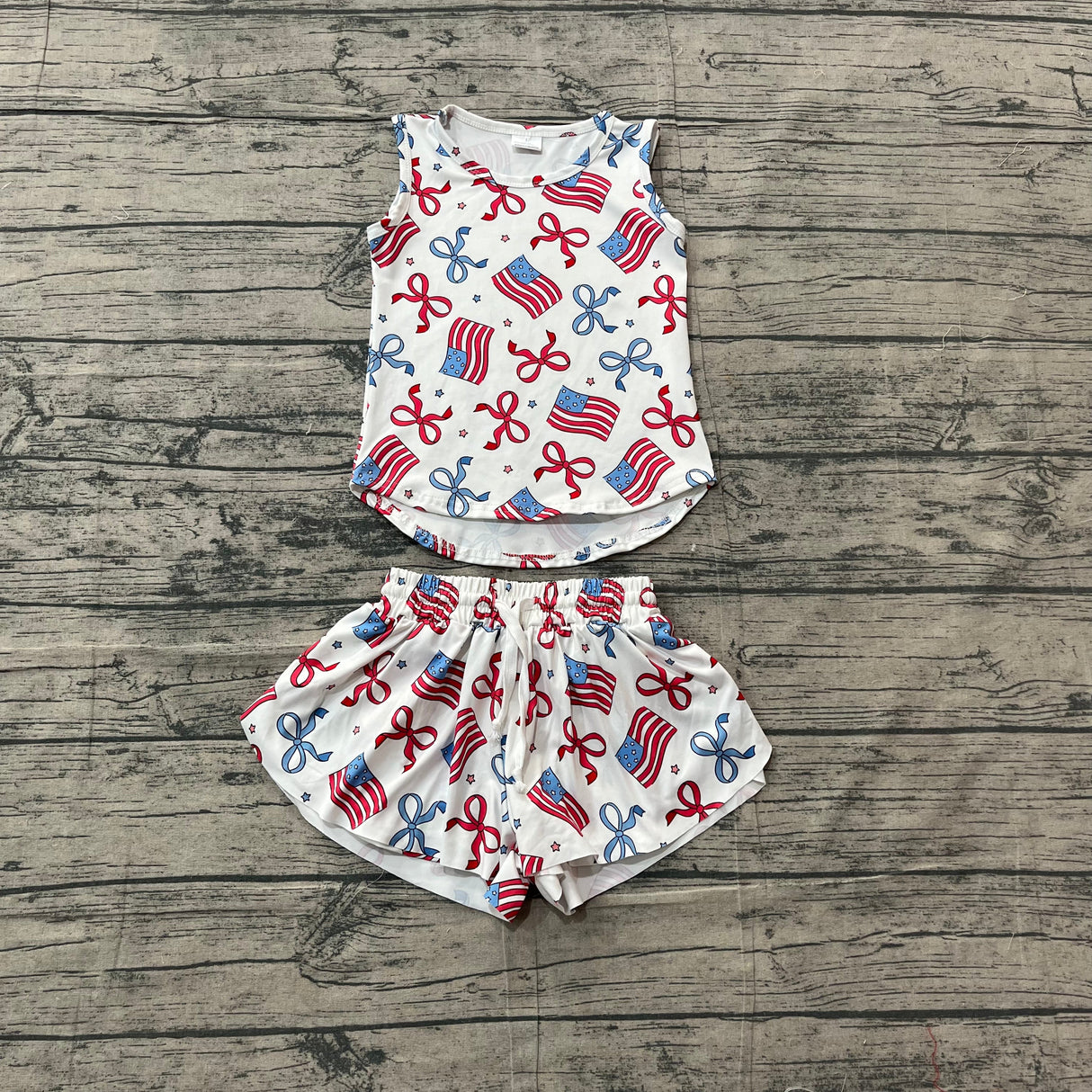 Sleeveless bow flag top shorts kids girls 4th of july outfits