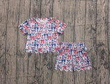 Short sleeves red blue bow scallop girls 4th of july outfits