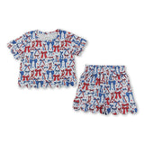 Short sleeves red blue bow scallop girls 4th of july outfits