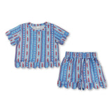 Short sleeves scallop blue floral bow girls summer clothes